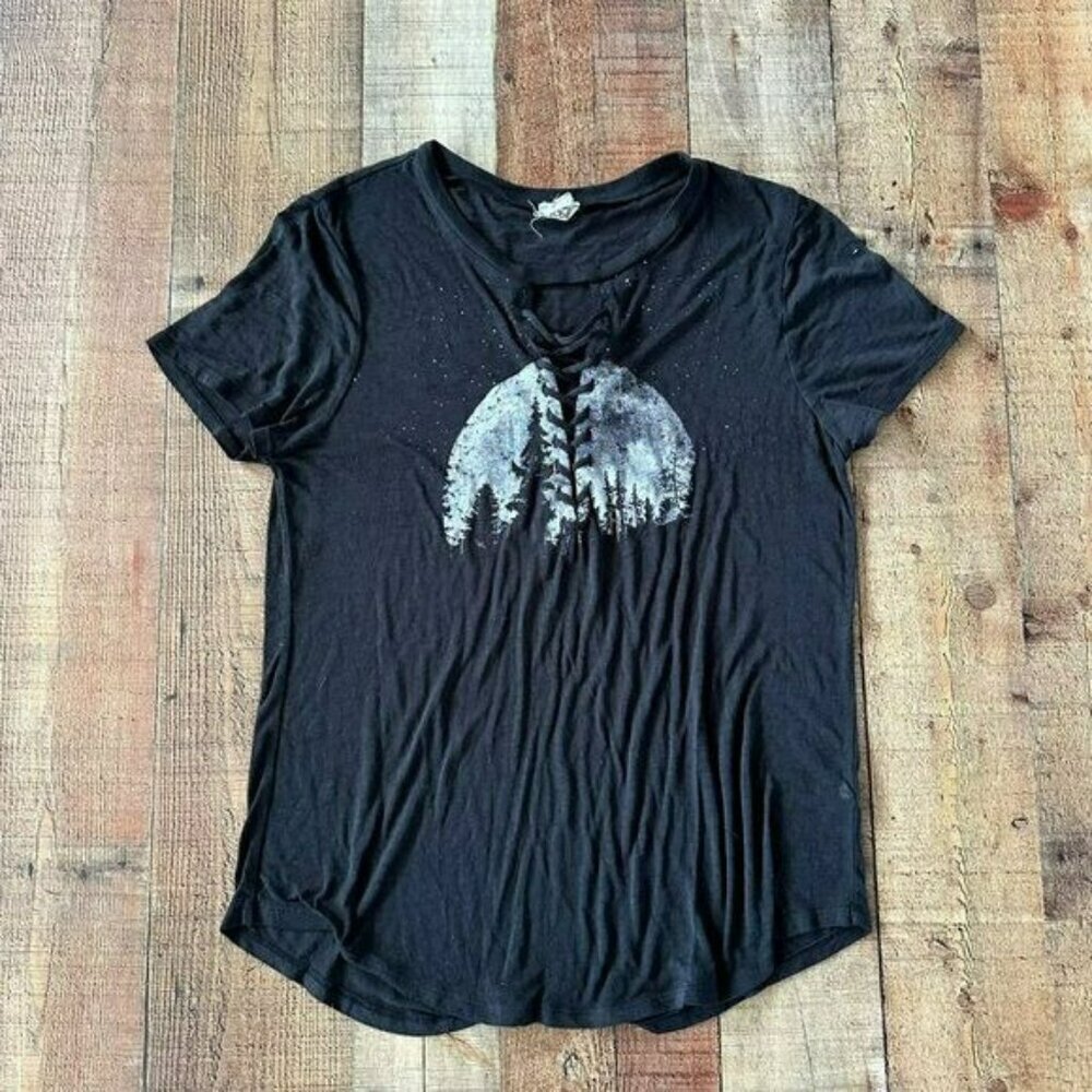 Modish Rebel women's lace up neckline short sleeve moon Graphic T-shirt black